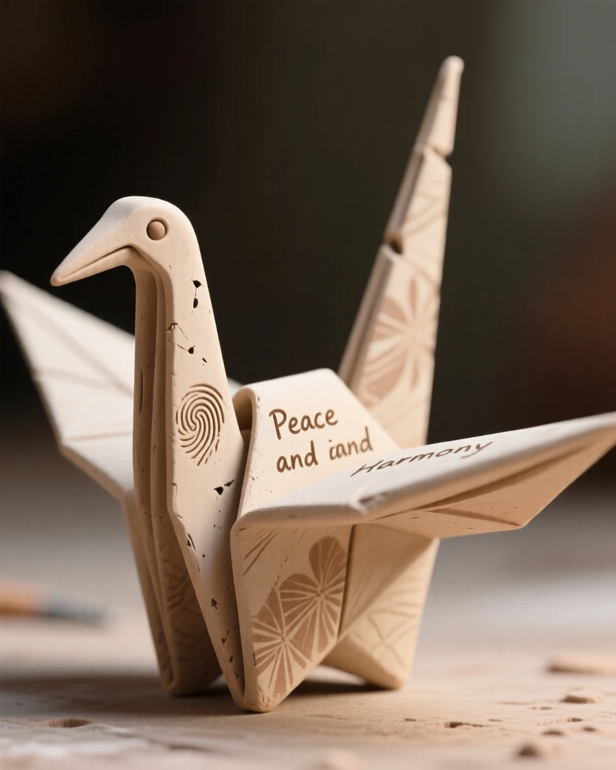 A traditional origami crane folded from delicate patterned paper