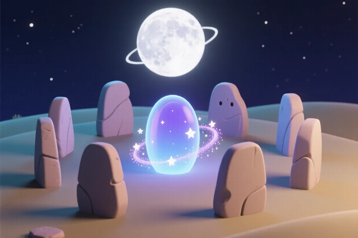 A shimmering portal made of swirling stardust opens in an ancient stone circle beneath a full moon.