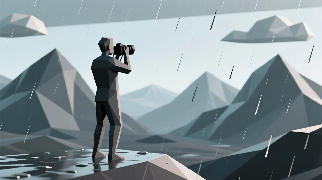 A photographer capturing a sweeping mountain vista, on a quiet rainy afternoon. natural light enhances the vibrant colors of the scene. The moment radiates confidence and joy.