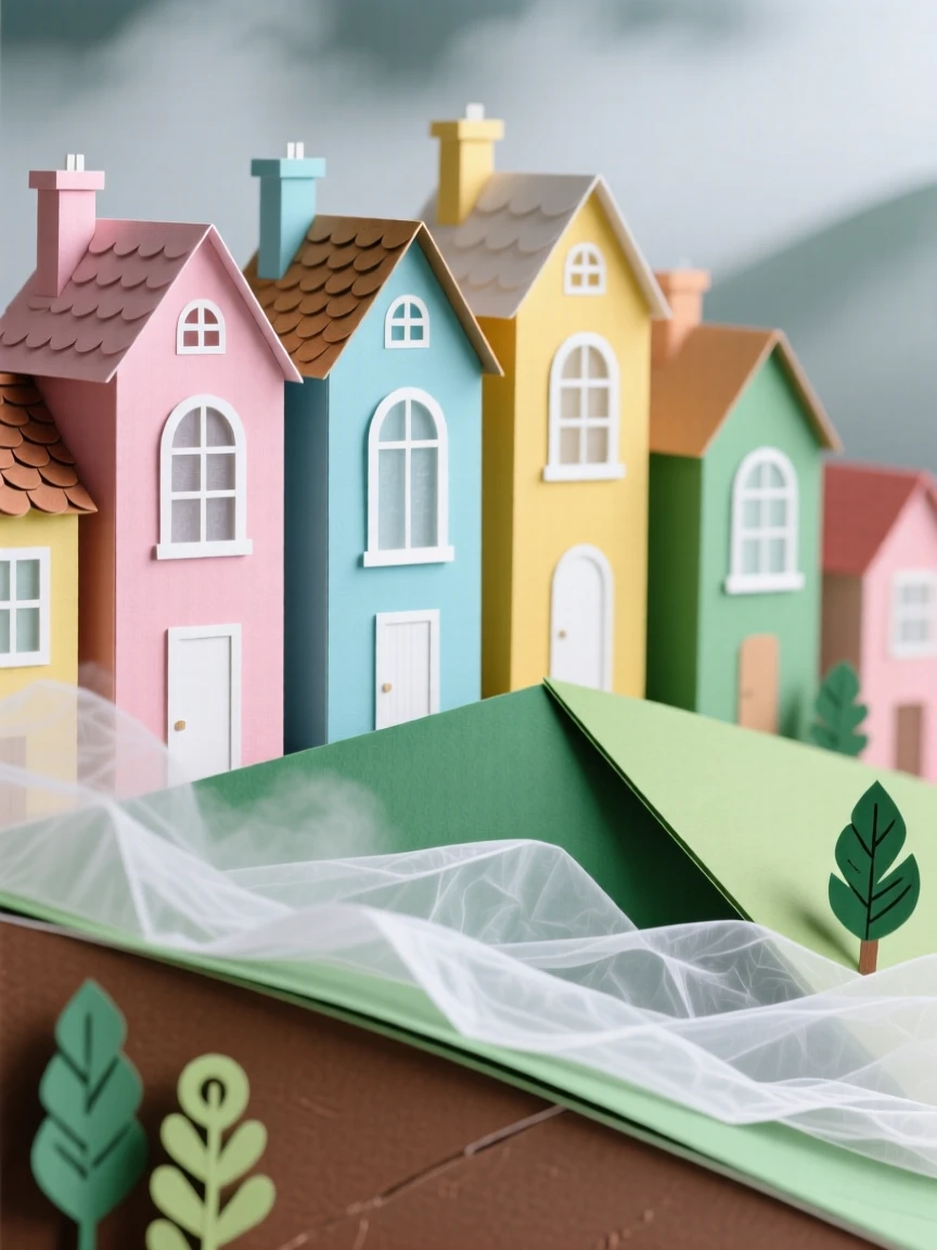 A colorful row of hillside townhouses surrounded by drifting morning mist, with tall arched windows framing the view, capturing a sense of awe and craftsmanship.
