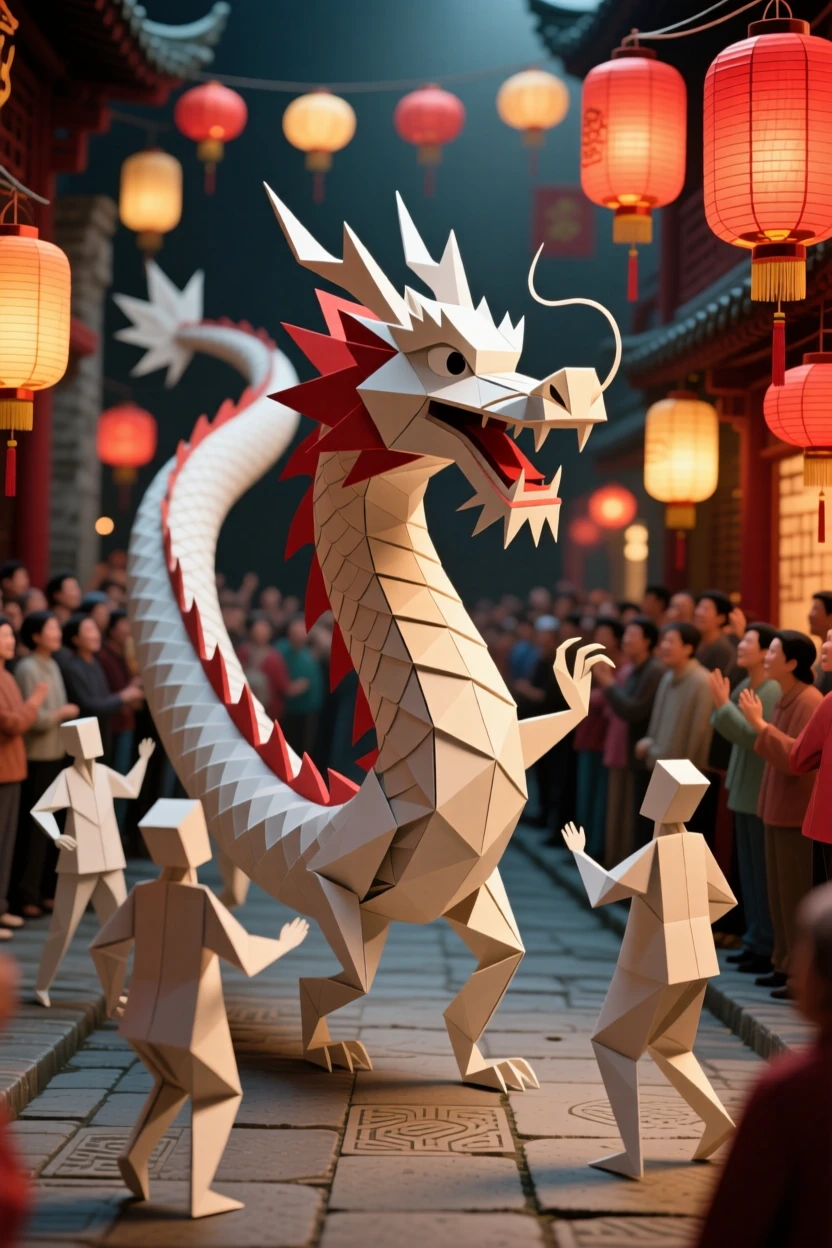 A Chinese New Year dragon dance winding through a crowded, lantern-lit street.