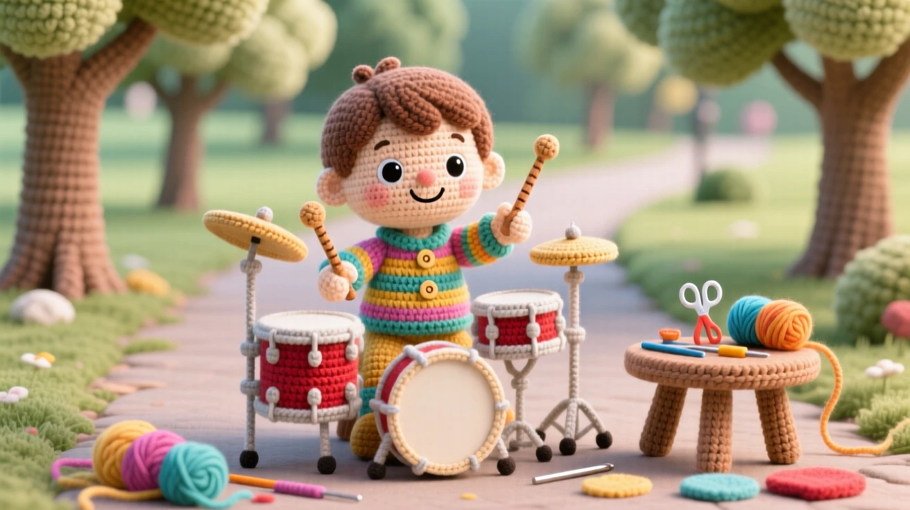 A cheerful scene of a small boy practicing drumming with a small drum set, keeping a cheerful steady beat within a quiet park path lined with trees; a scattering of craft supplies on the table nearby, full of the simple happiness of a favorite pastime.