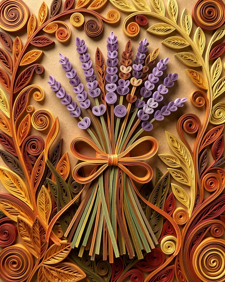 a bundle of lavender stems tied together, in an overgrown secret garden corner, layered from foreground to background for depth, in warm autumn hues of amber and rust.