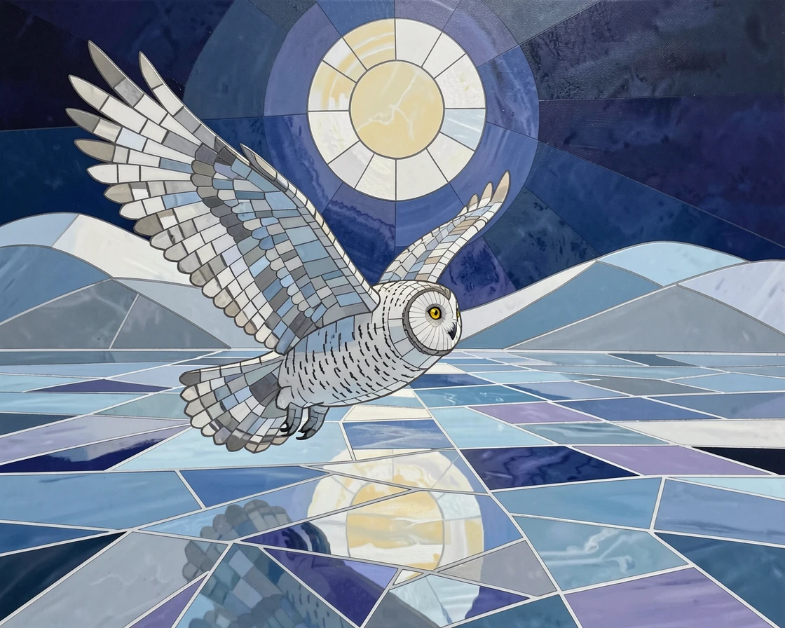 A quiet snowy owl gliding silently over a moonlit frozen lake.