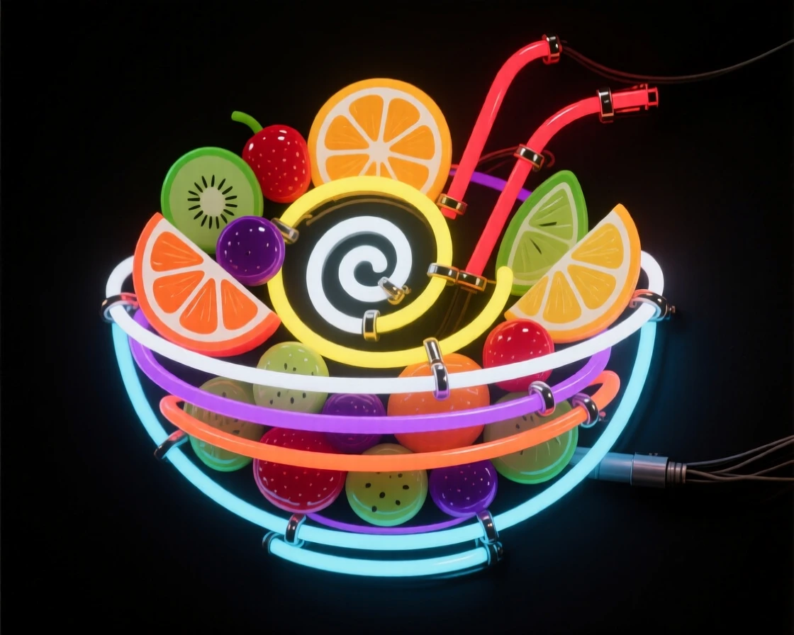 A bowl of fresh fruit salad arranged in a spiral pattern.