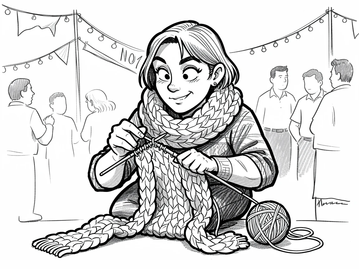 A knitter wrapped in a half-finished scarf at a lively neighborhood festival.