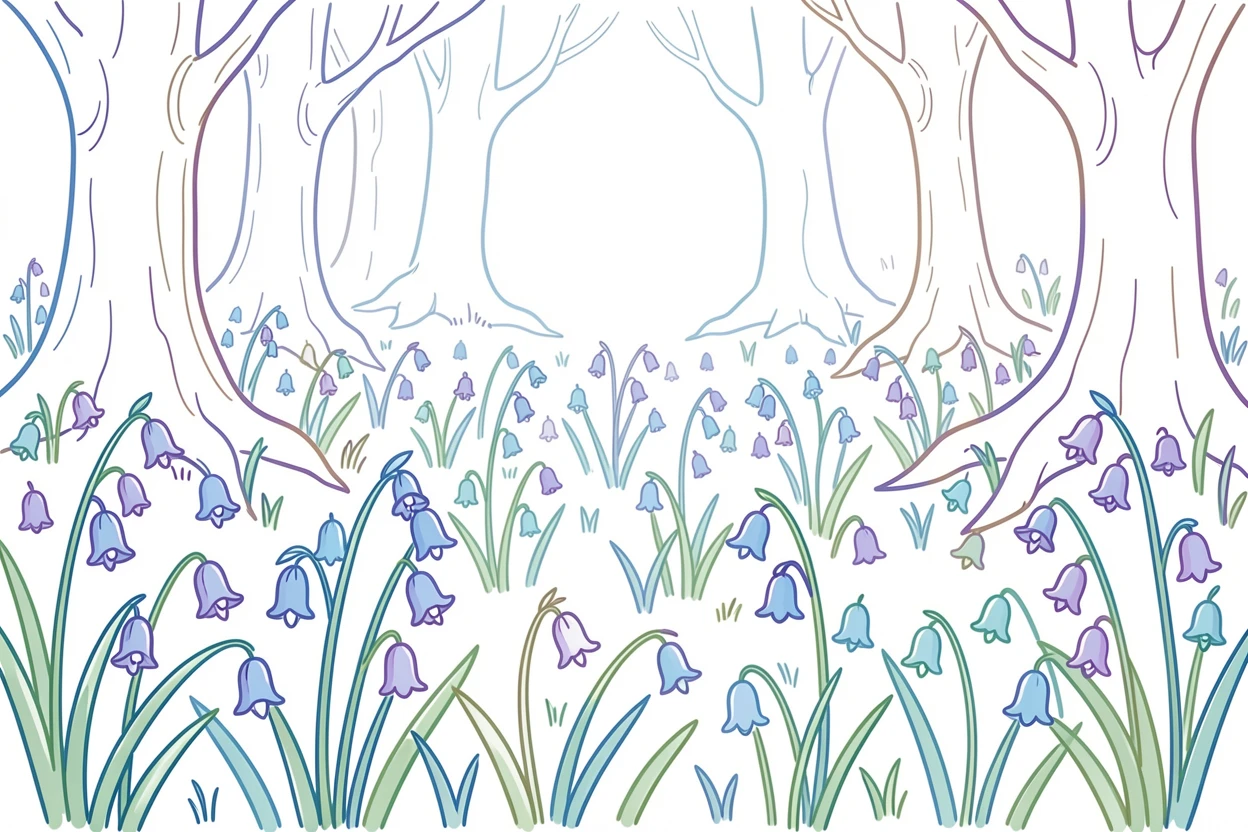 A field of wild bluebells carpeting the floor of an ancient forest.