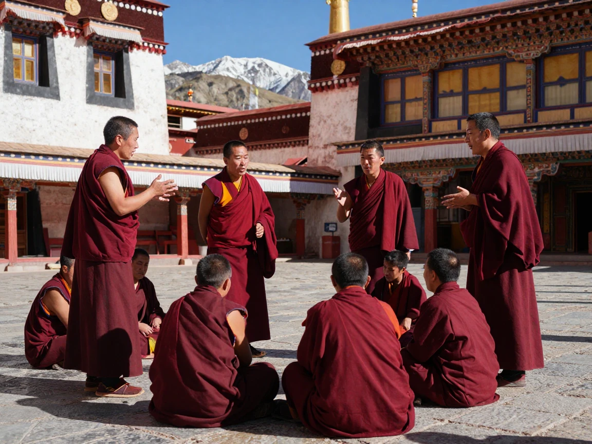 A Tibetan monastery with monks debating in a courtyard