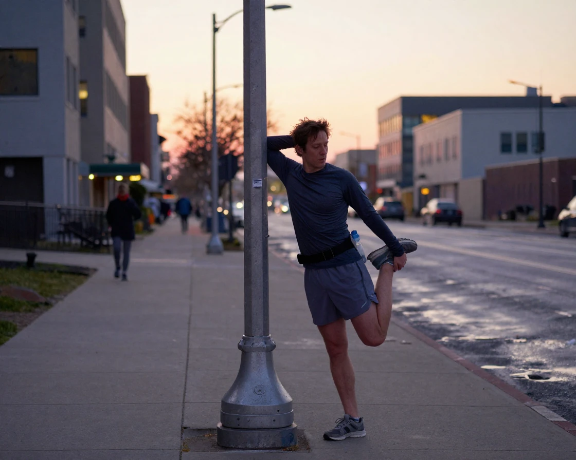 A jogger stretches against a lamppost before an early morning run through the city.
