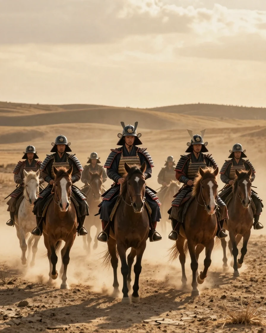 A group of samurai warriors traveling across a vast and dusty plain