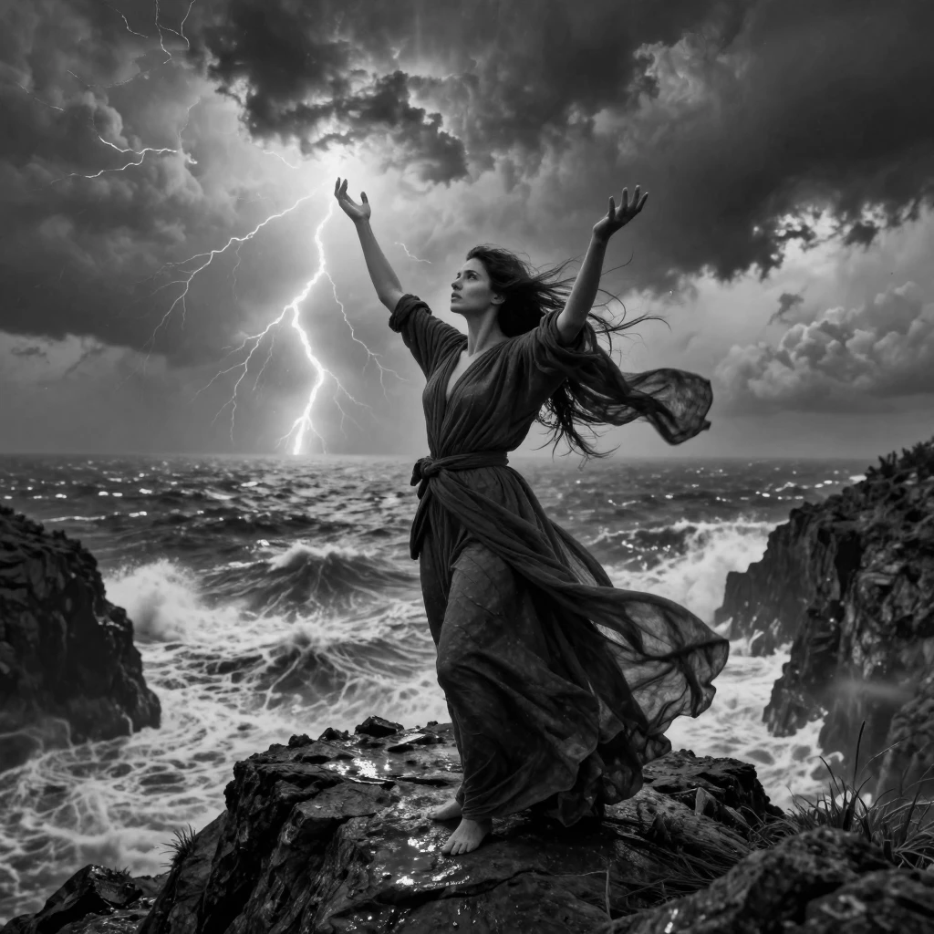 A sorceress summons a storm from a mountaintop above a churning sea.