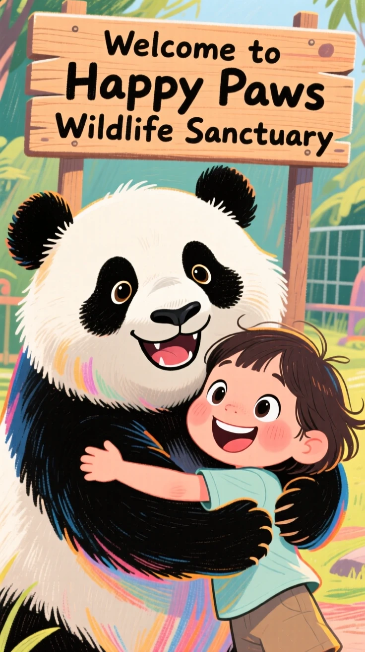 A child hugging a giant panda at a wildlife sanctuary, both looking equally happy.