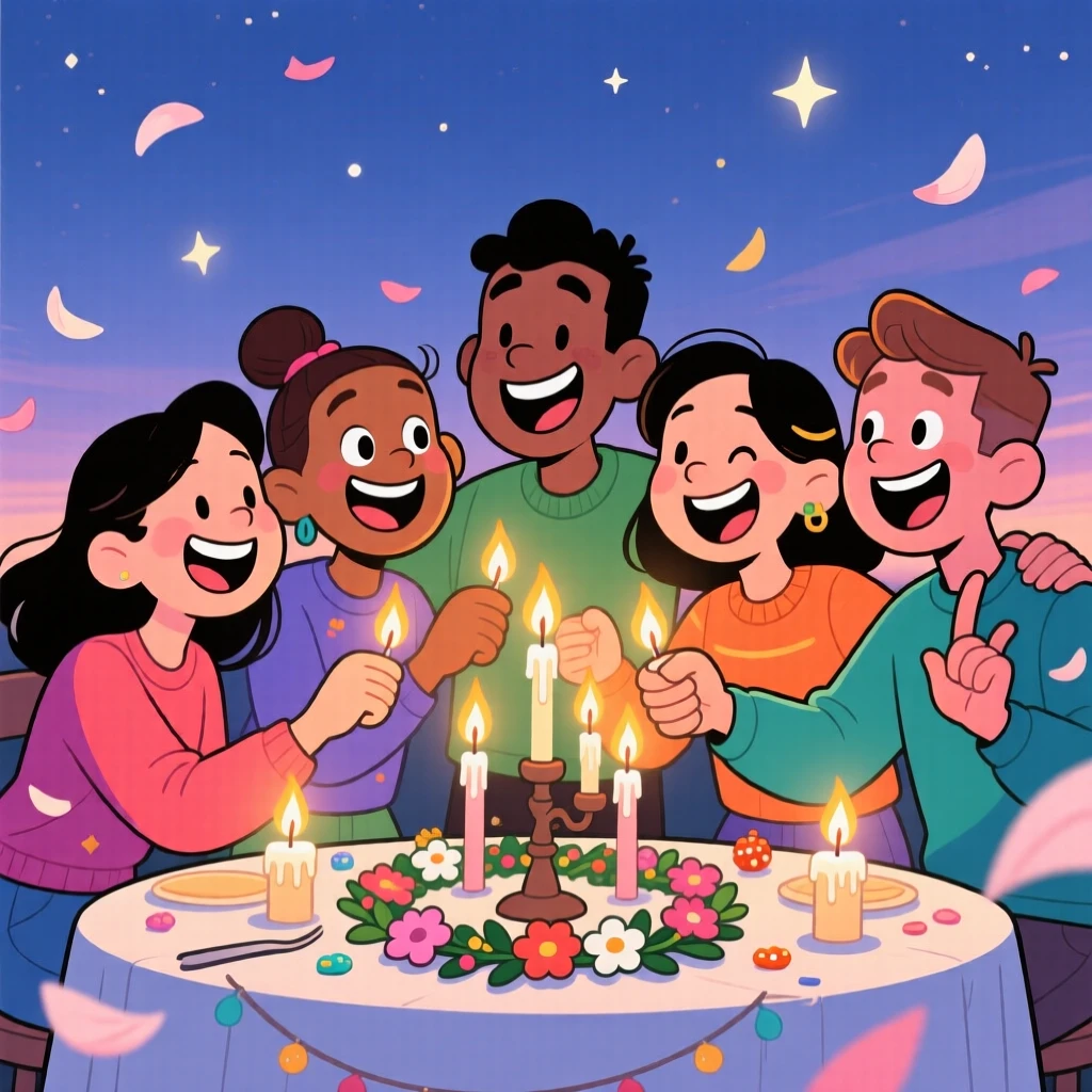 A festive celebration scene of a group of friends lighting candles together during a quiet evening celebration, as flower petals drift through the air.