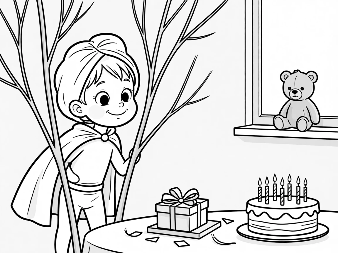A kid dressed as a superhero with a towel cape, poking out from behind branches far too thin to hide anyone, set at a birthday party table. A stuffed bear watches from a nearby windowsill. There's an innocent, giggly charm to the whole moment.