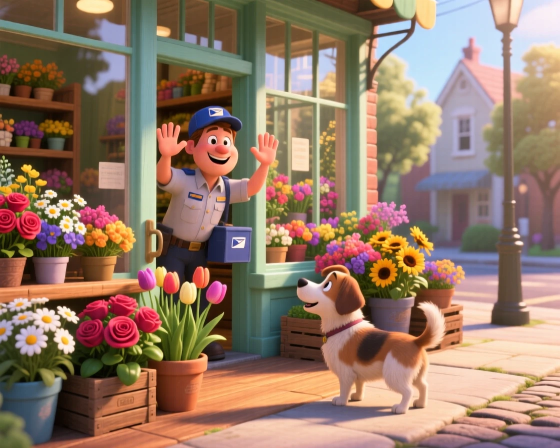 A mail carrier waving to a neighborhood dog is captured inside a small flower shop filled with color, with warm morning light spilling across the scene. A quiet, wholesome charm lingers over the moment.