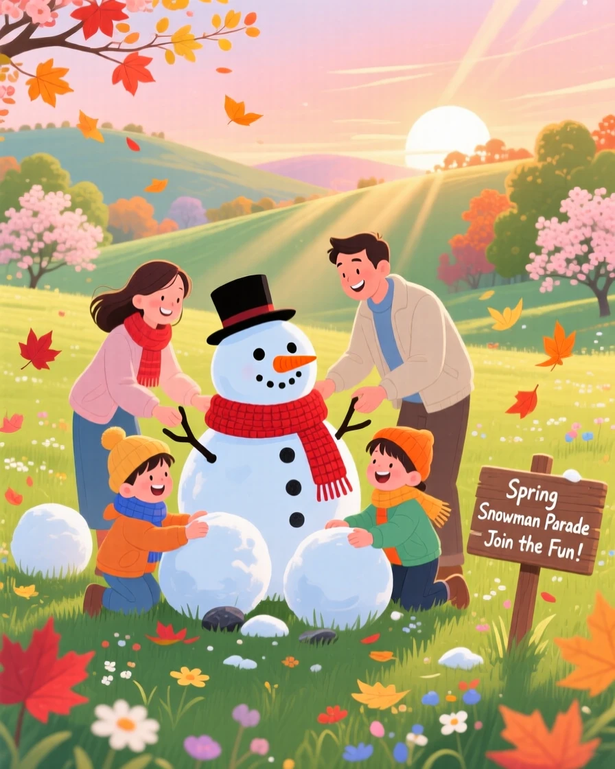 A family gathered together spend the evening building a snowman complete with a carrot nose in a sunlit spring meadow, as colorful leaves swirl through the air.