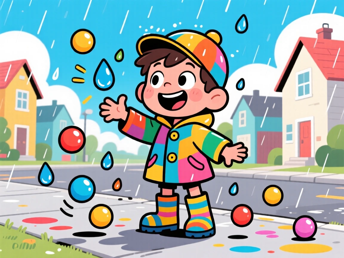 A boy imagining a world where raindrops bounce like rubber balls.