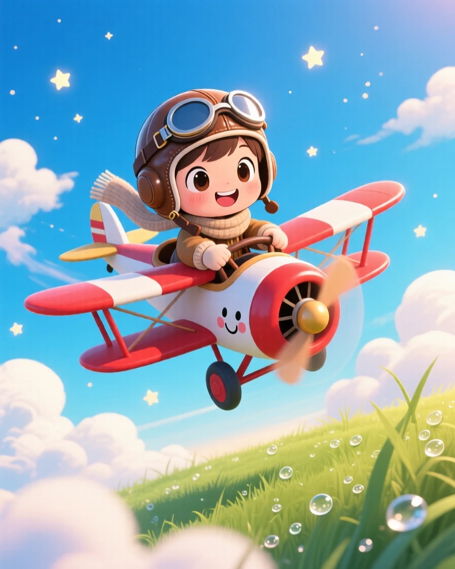 A child pilot steering a biplane through fluffy clouds, framed as a bird's-eye view within a bright blue sky, as morning dew glistens on the grass, glowing under sparkling starlight, evoking quiet contentment.