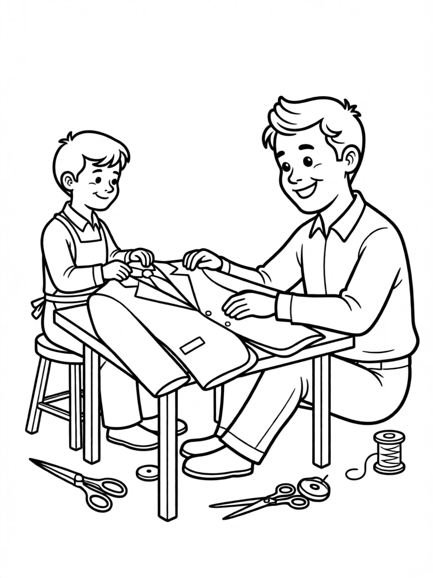 A tiny tailor sewing a suit for a friendly giant