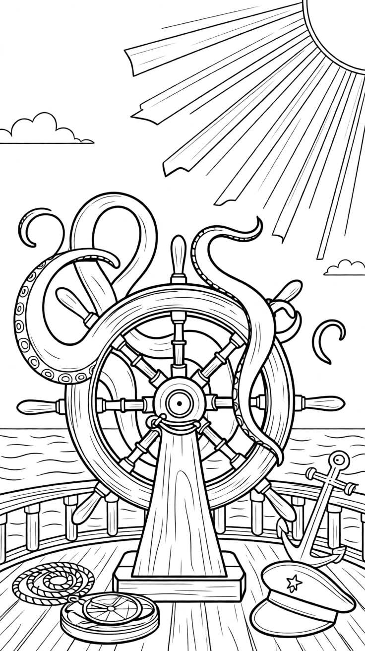 An octopus wrapped around a ship's steering wheel, with sunlight streaming down in golden shafts.