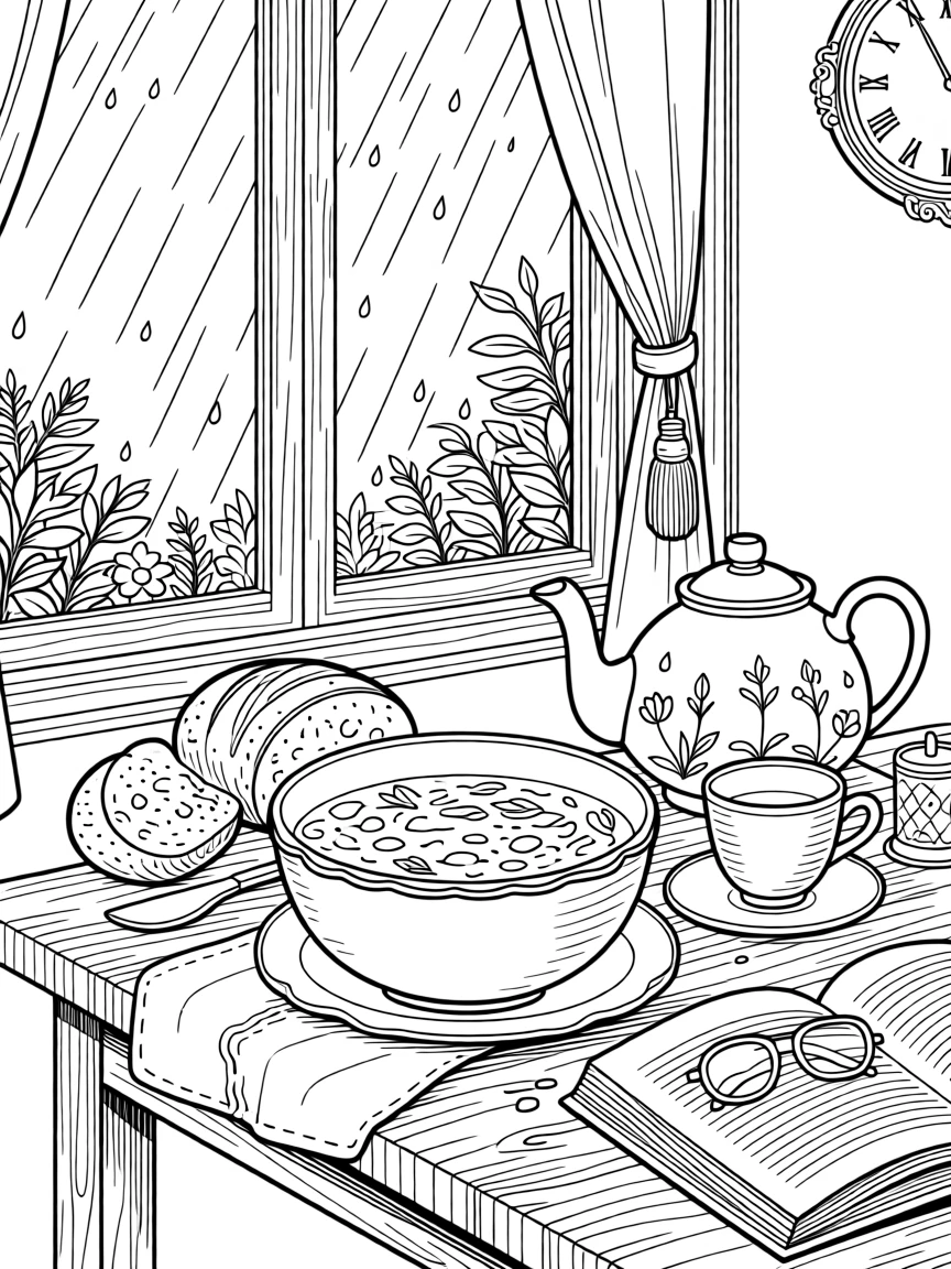 A cozy hot soup and crusty bread scene on a rainy afternoon.