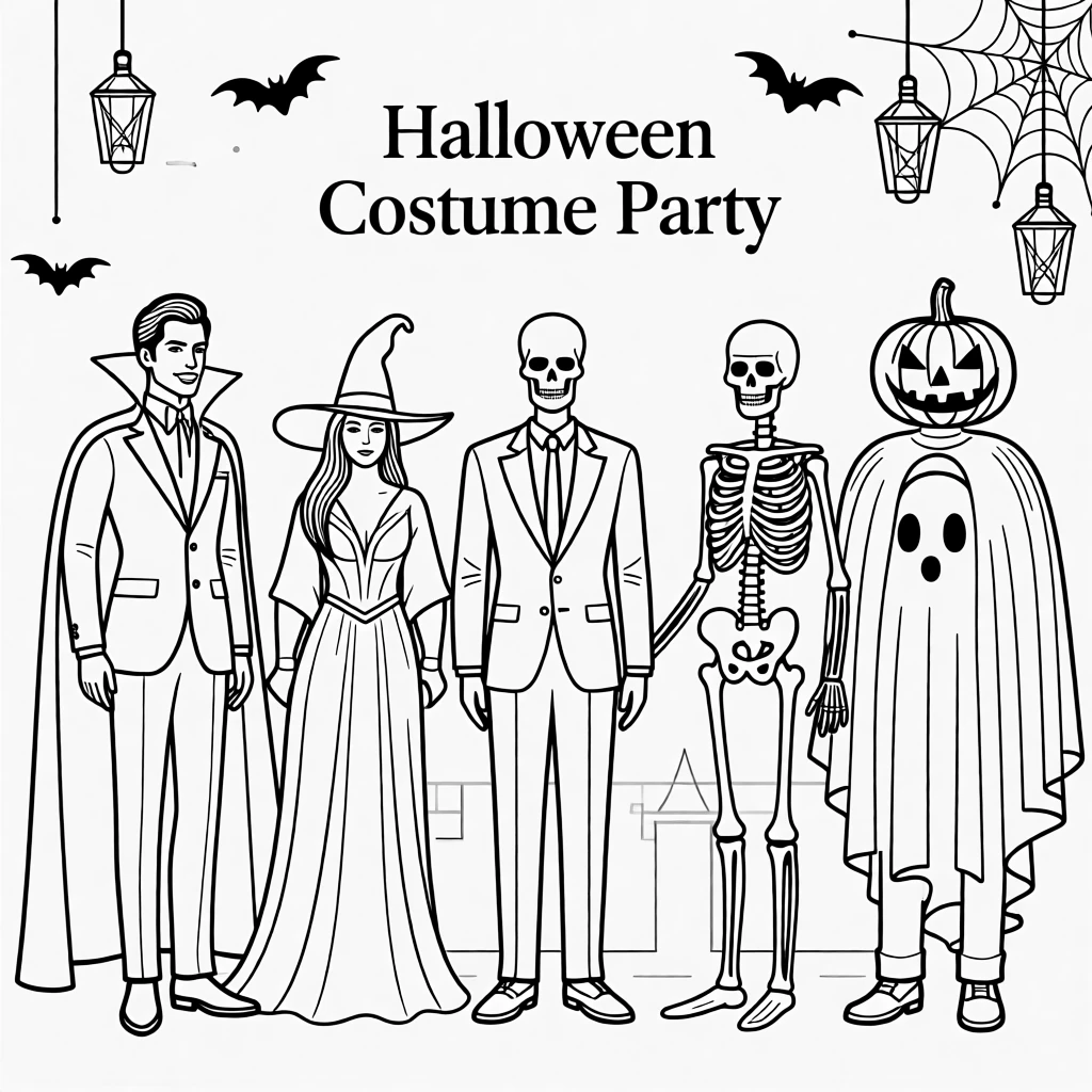 A costume party with guests in elaborate Halloween outfits