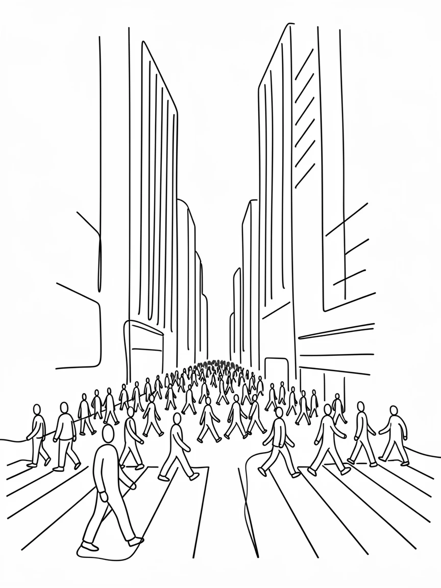 A busy city intersection with crowds crossing beneath towering skyscrapers
