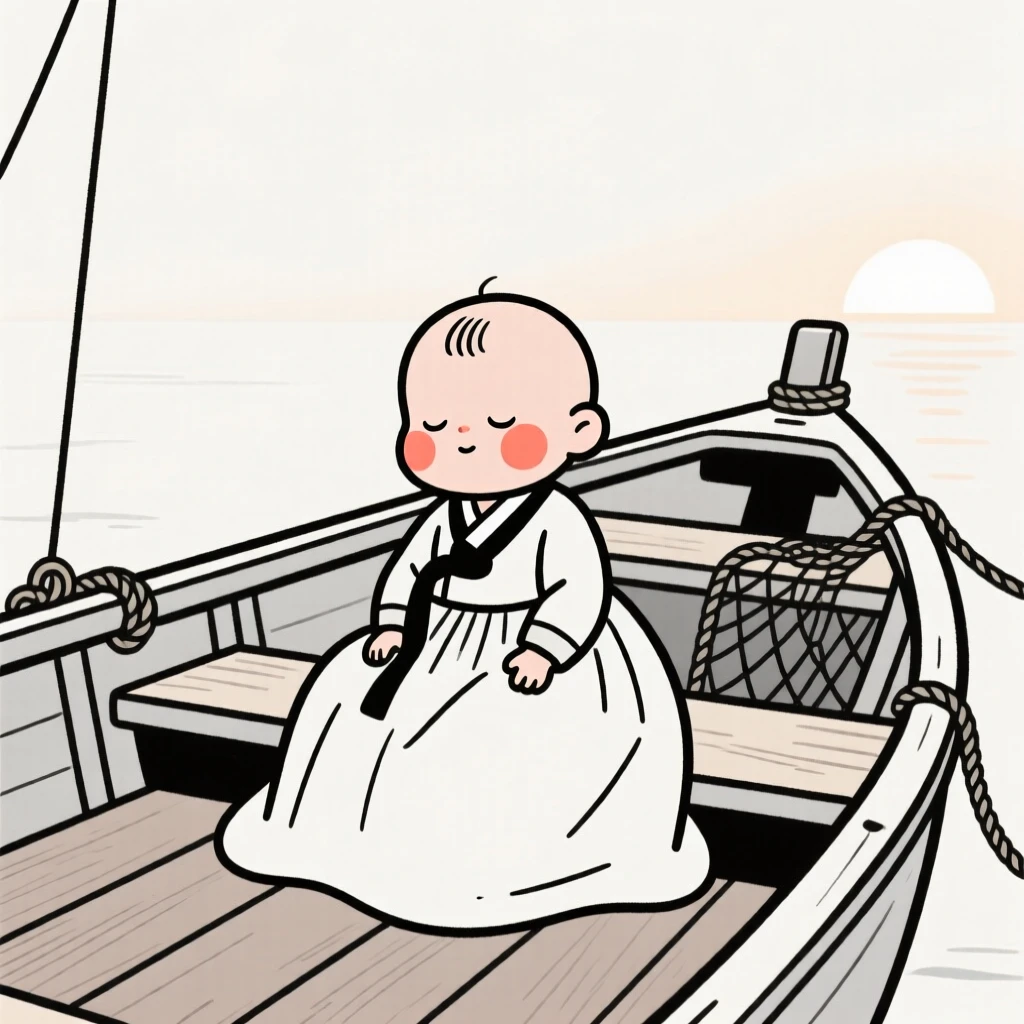 A sleepy baby of Korean heritage in an elegant evening gown, exuding gentle warmth, on a fishing boat at dawn.