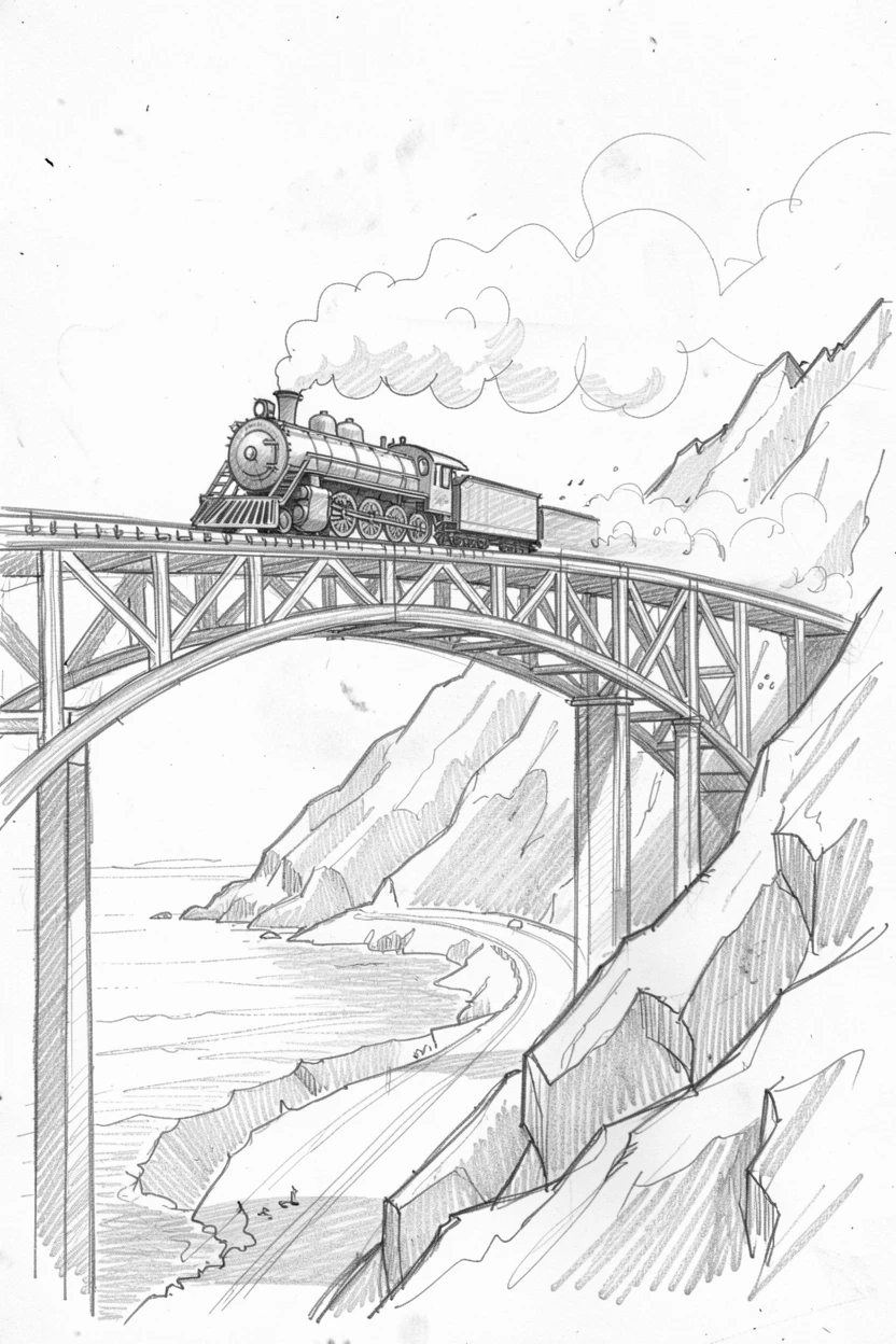 An eye-catching view of a steam locomotive crossing a mountain bridge along a winding coastal road, with a trail of dust rising behind it.