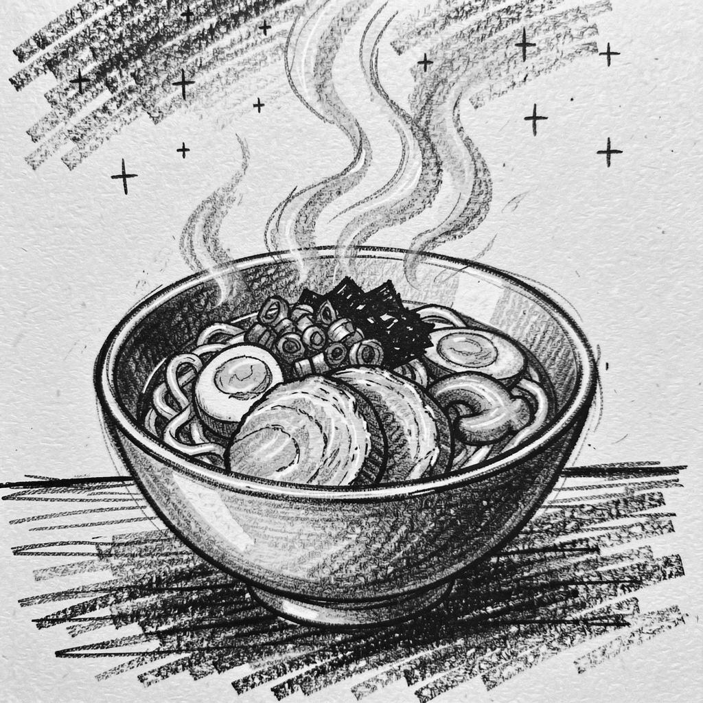 A steaming bowl of ramen with all its colorful toppings, as the first stars appear overhead.