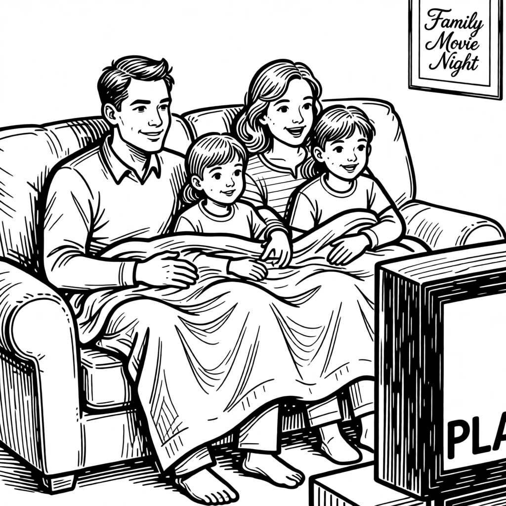 A family gathered on the couch watching a movie together under a shared blanket.
