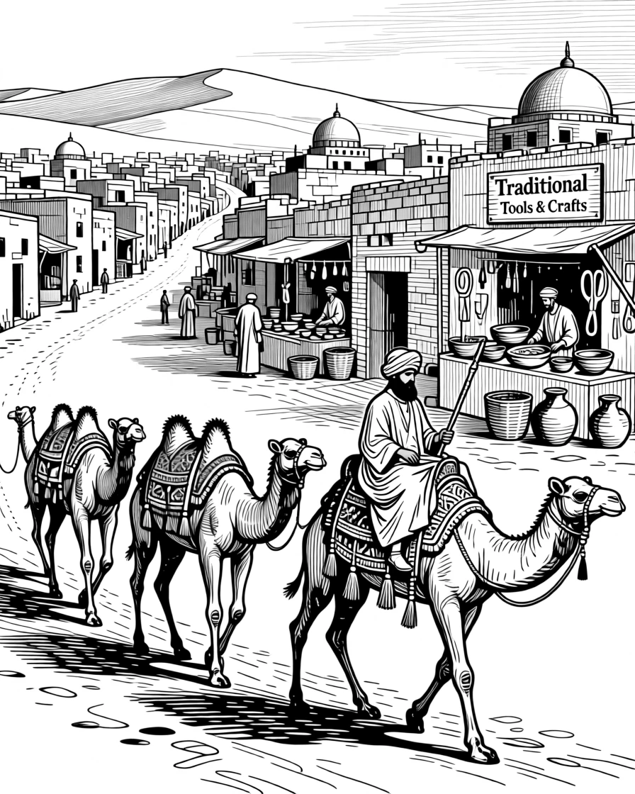A caravan of camels crossing a desert trade route amid the quiet hum of a bustling old city, with traditional tools laid out with care, portrayed in a timeless and reverent historical scene.