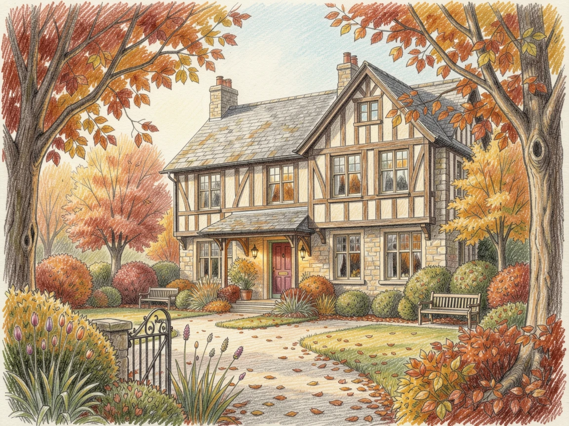 A countryside manor house framed by autumn-colored gardens, set against a softly lit, atmospheric backdrop, designed to feel inviting, memorable, and shareable.