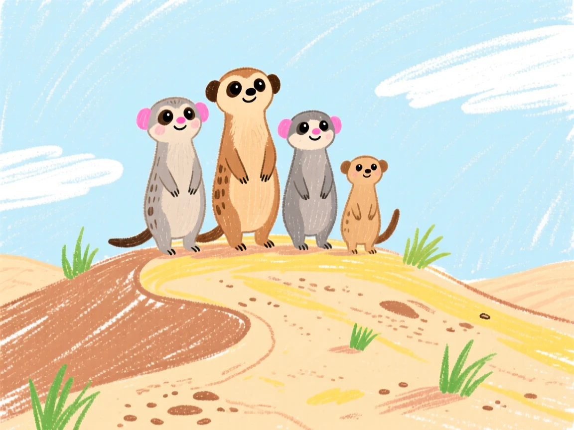 A meerkat family standing alert atop a sandy dune.