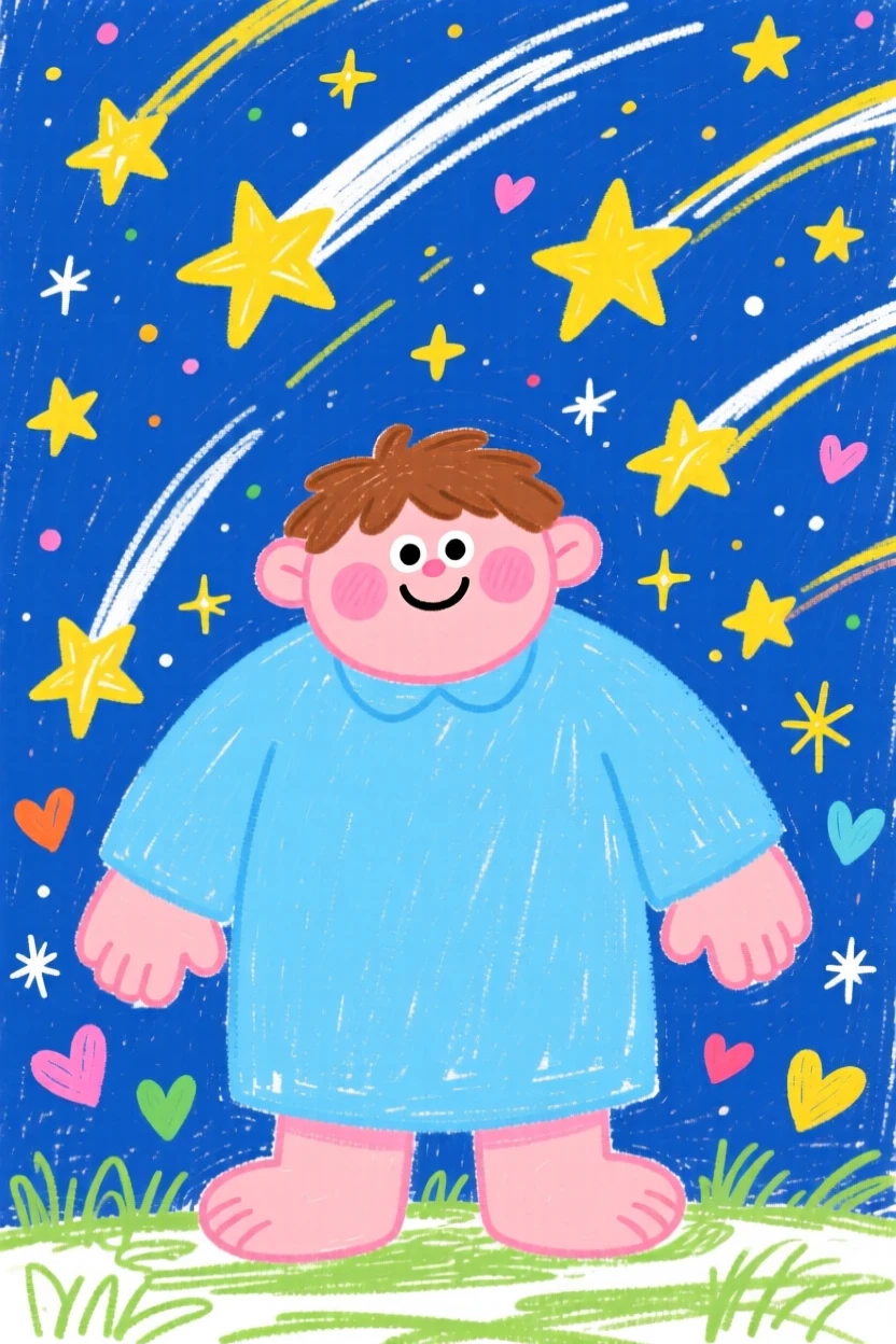 A kind giant with a gentle smile beneath a sky full of shooting stars.