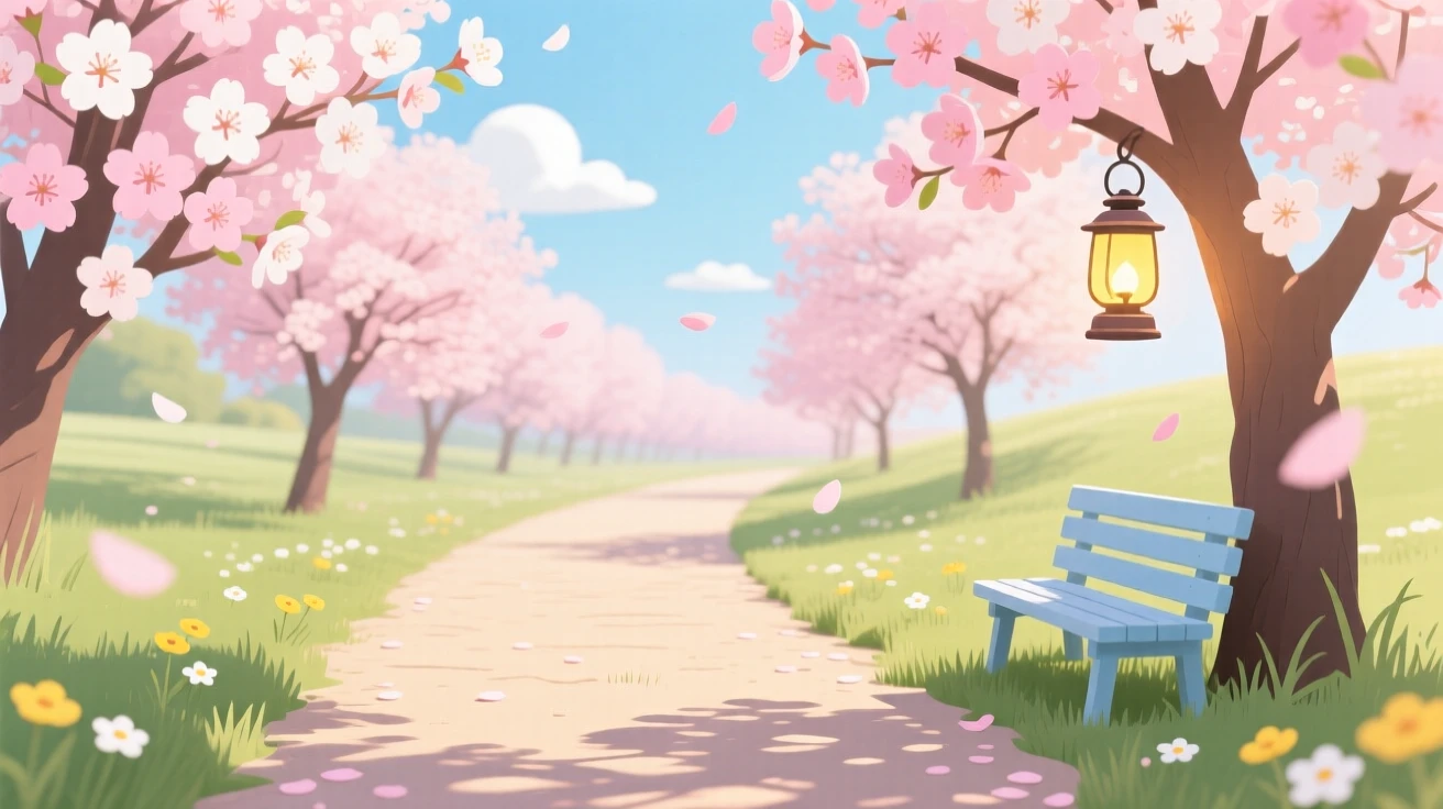 A field of blooming cherry blossoms lining a spring pathway, surrounded by gentle seasonal weather elements, composed with cozy, inviting seasonal warmth, with charming small details that evoke the season perfectly.