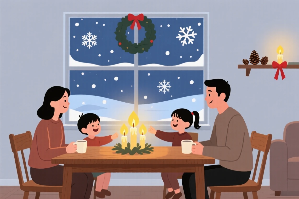 A winter celebration with warm candlelight filling a family home.
