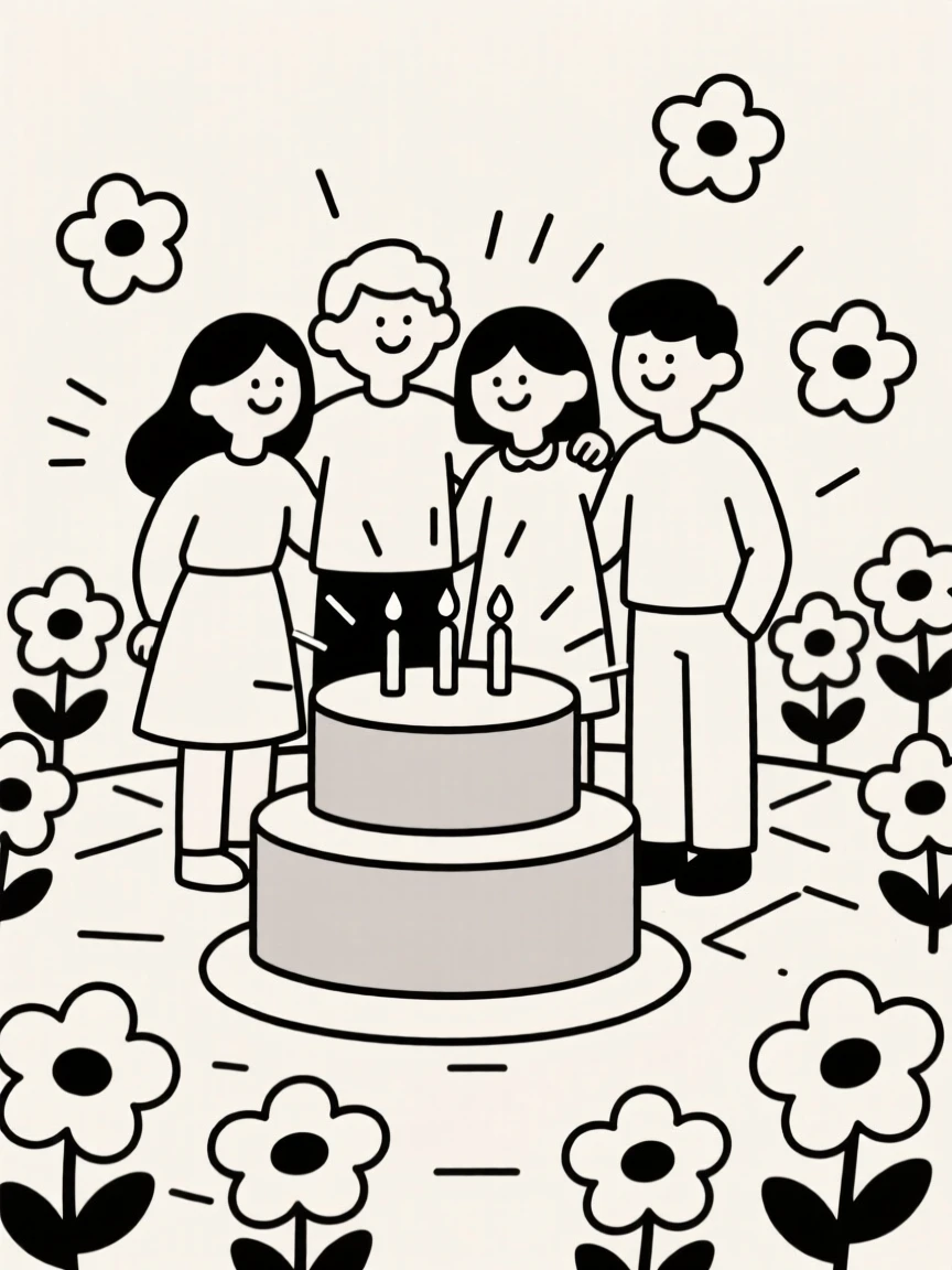 Friends gathered for a New Year's countdown in a flower-filled courtyard, surrounded by a tiered celebration cake, radiating joyful celebration.