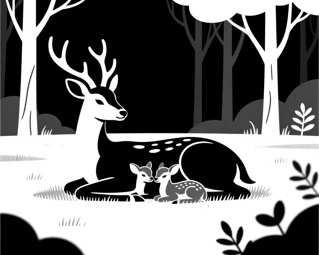 Twin fawns resting beside their mother in a forest clearing.