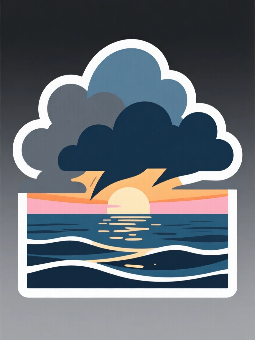 A deeply peaceful scene of a sunrise breaking through storm clouds over the ocean, glowing softly against a dark background, marking the start of something meaningful.