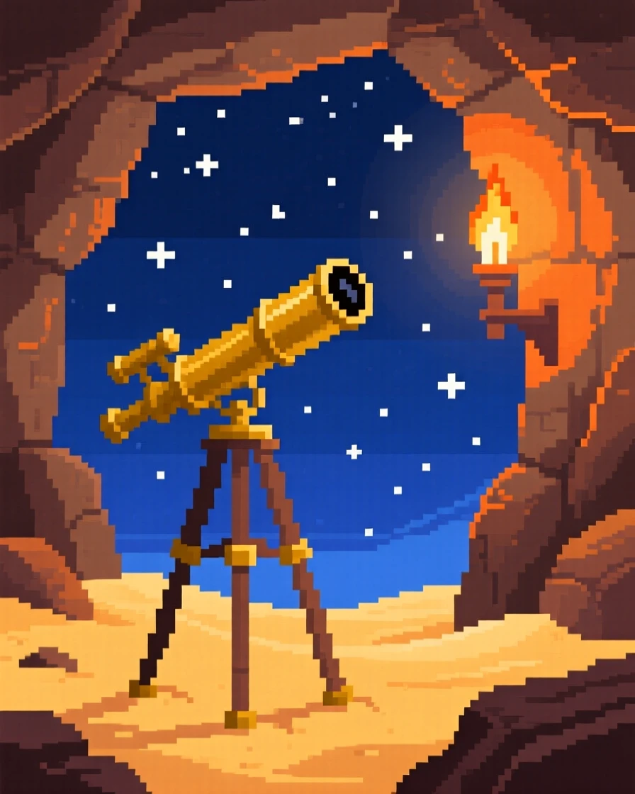 A telescope pointed at a starry sky half-buried in sand on a forgotten beach, within a cave lit by torchlight.