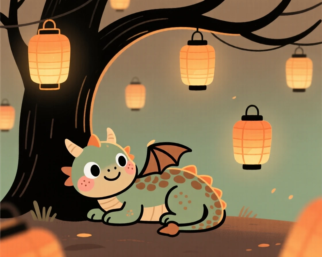 A small dragon rests beneath a tree hung with lanterns in an hidden magical glade, surrounded by floating lanterns that drifts gently through the air.
