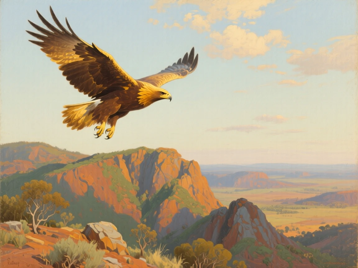 A balanced composition of a golden eagle soaring above a rugged mountain ridge, beneath drifting clouds, in the Australian outback.