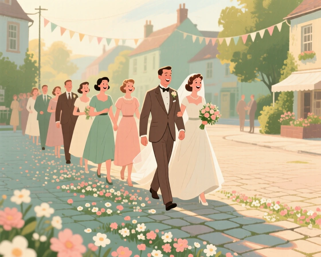 A wedding procession crossing a flower-strewn village square