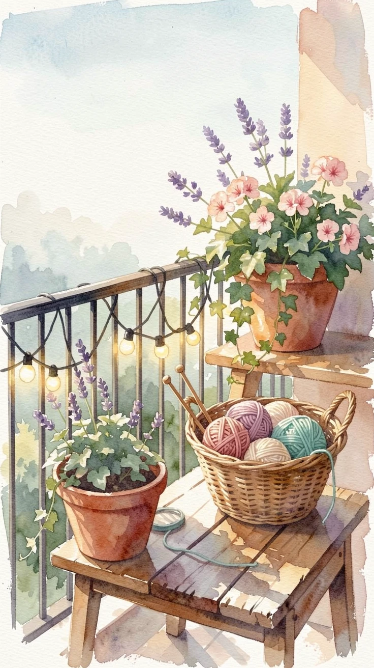 A balcony with string lights and potted flowers with a basket of yarn and knitting needles.