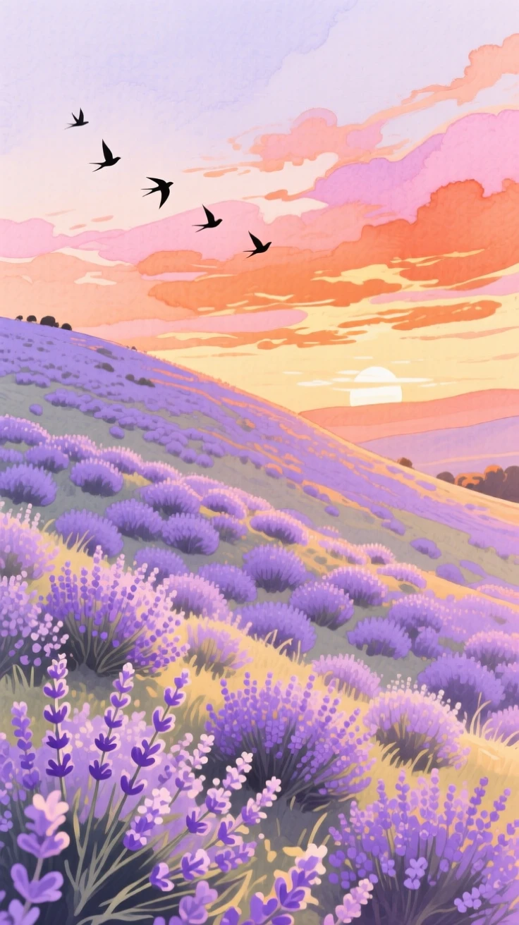 A breathtaking view of a lavender-covered hillside as the sun sets in brilliant colors, where a flock of birds crosses the sky