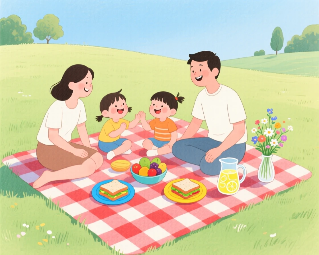 A joyful scene of a family picnic spread across a checkered blanket.