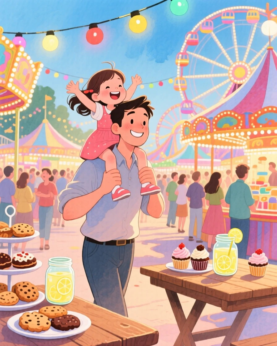 A father carrying his daughter on his shoulders through a fair, in a bustling carnival lit with colorful lights, with a table set with homemade treats, joyful parental affection.