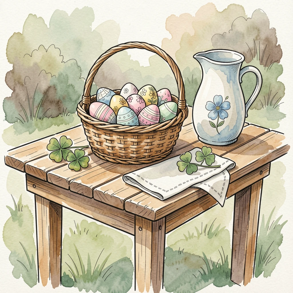 A quiet Easter morning with a basket of eggs on a garden table, small decorative details adding charm throughout.