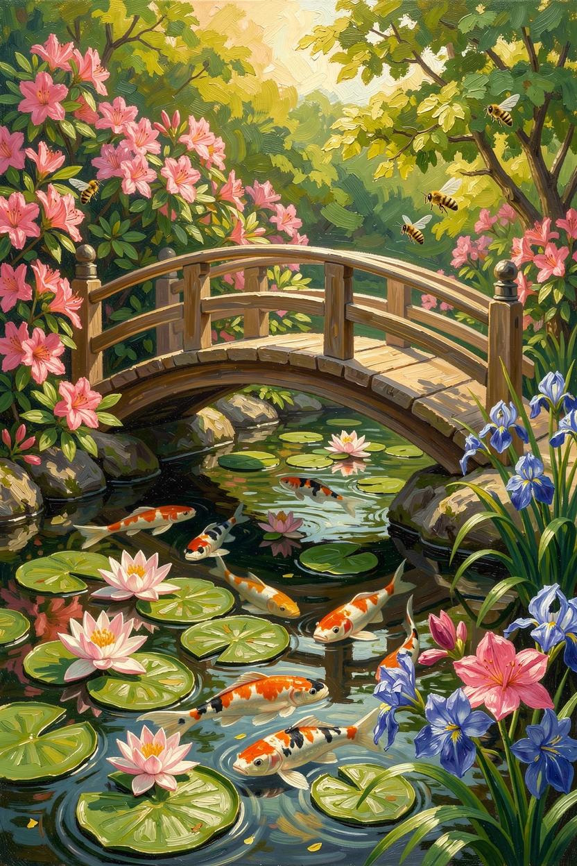 A tranquil Japanese garden with a curved wooden bridge, beside a koi pond with lily pads drifting on the surface, bees drifting lazily from bloom to bloom, in peak summer bloom, colors saturated and vivid.